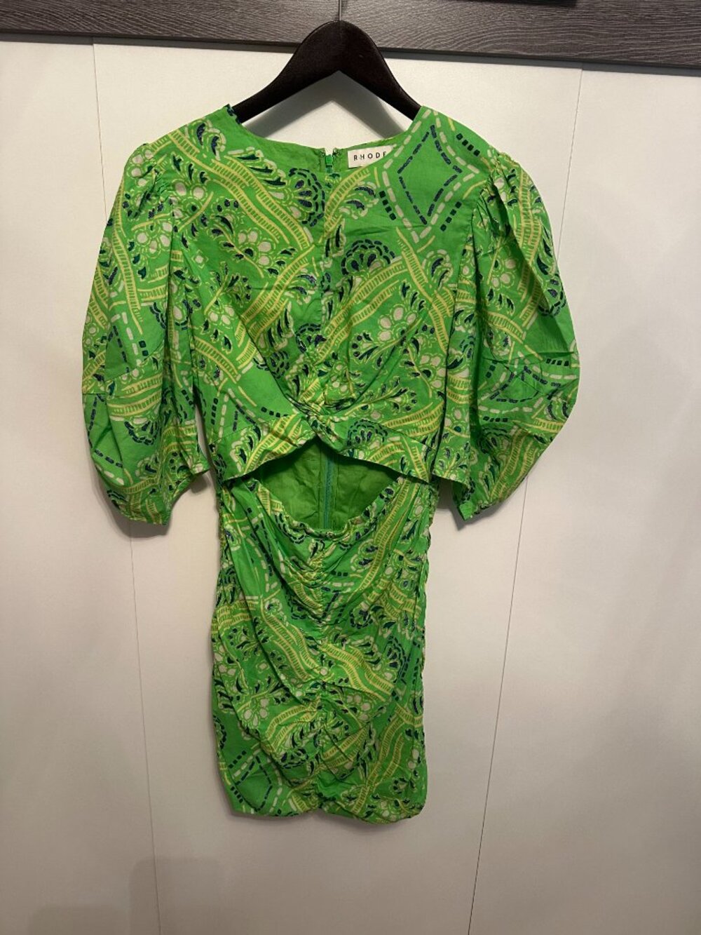 Rhode Isla Ruched Cotton Cut Out Mini Dress Size 2 Printed Ruffle - Picture 2 of 5